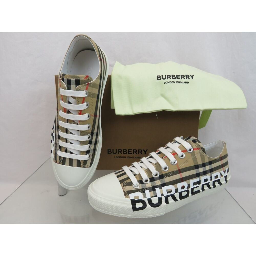 NIB BURBERRY LARKHALL BEIGE CHECK CANVAS LOGO WHITE CAP TOE UNISEX SNEAKERS 42 - Picture 5 of 13